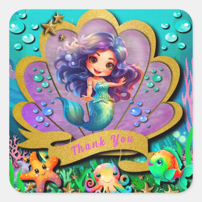 Under The Sea & Mermaid Birthday Girl Party Square Sticker (Front)