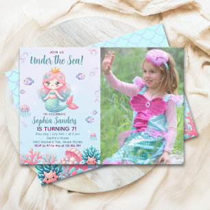 Under the sea Mermaid Birthday Girl with Photo Invitation