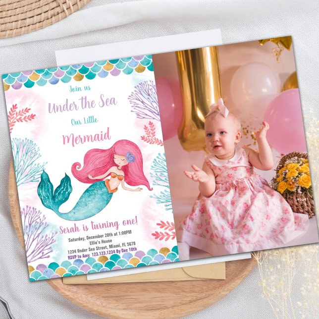 Under the Sea Mermaid Birthday Invitation (Under the sea Mermaid Birthday Invitations w photo)
