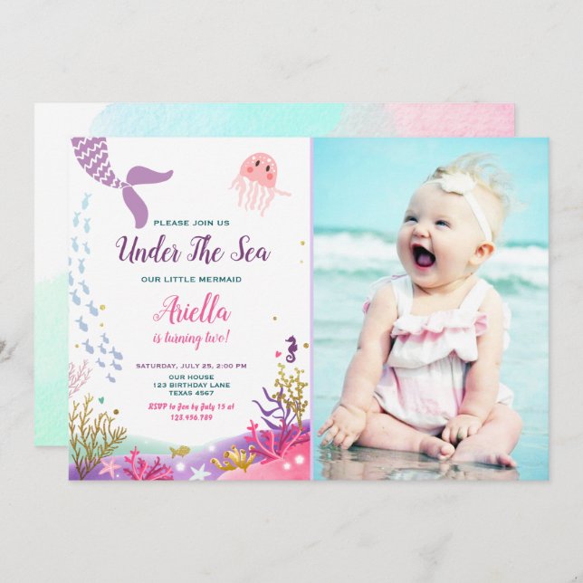 Under the Sea Mermaid Birthday Invitation Purple (Front/Back)