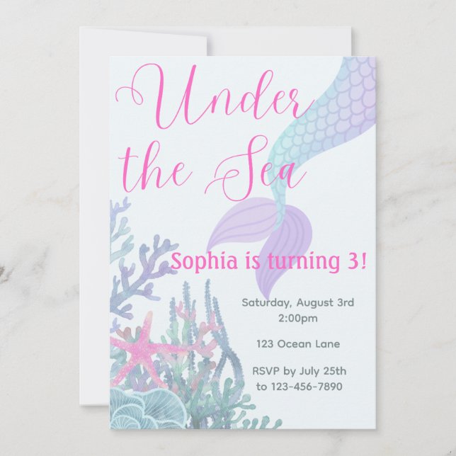 Under the Sea Mermaid Birthday Party Invitation (Front)