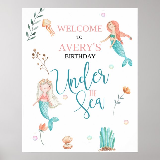 UNDER THE SEA, MERMAID BIRTHDAY,WATERCOLOR MERMAID POSTER (Front)