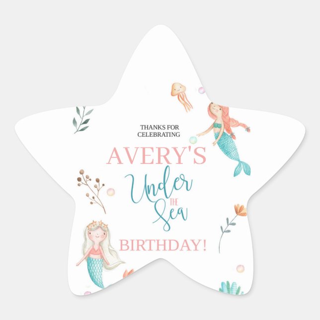 UNDER THE SEA, MERMAID BIRTHDAY,WATERCOLOR MERMAID STAR STICKER (Front)