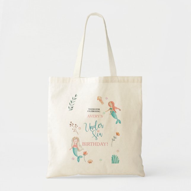UNDER THE SEA, MERMAID BIRTHDAY,WATERCOLOR MERMAID TOTE BAG (Front)