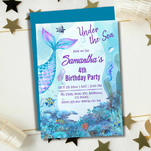 Under the sea mermaid blue & purple 4th birthday invitation
