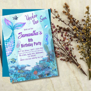Under the sea mermaid blue & purple 8th birthday invitation