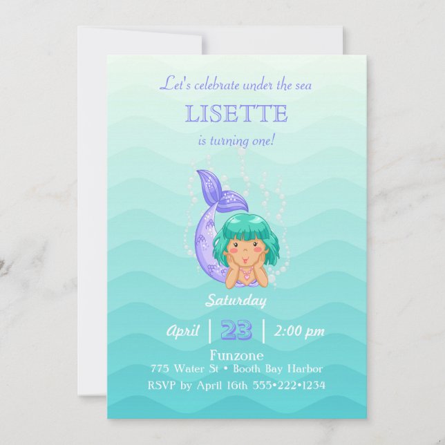 Under the Sea Mermaid Bubbles Little Girl Invitation (Front)