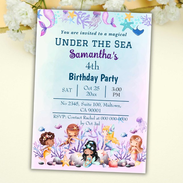 Under the sea mermaid cute kids blue 4th birthday invitation (Creator Uploaded)