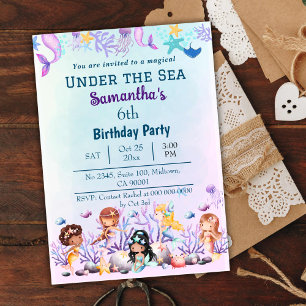 Under the sea mermaid cute kids blue 6th birthday invitation