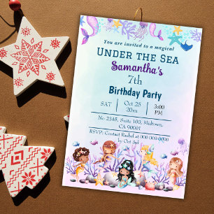 Under the sea mermaid cute kids blue 7th birthday invitation