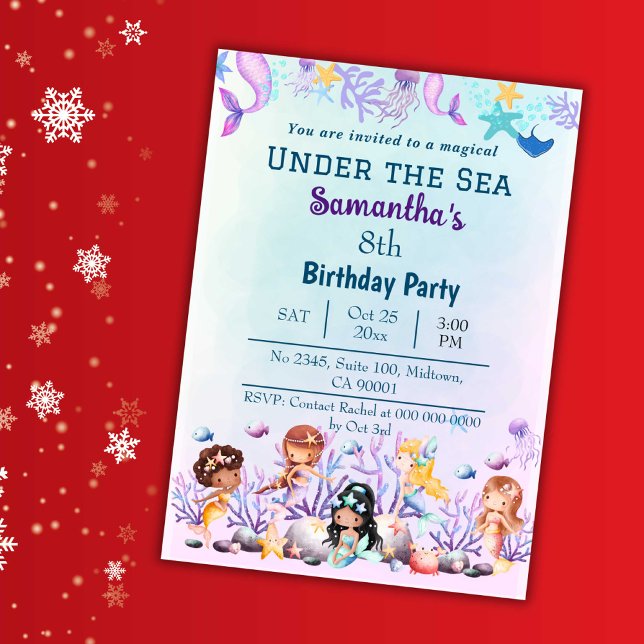Under the sea mermaid cute kids blue 8th birthday invitation (Creator Uploaded)