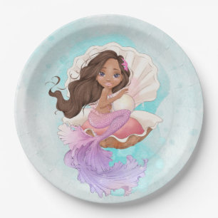 Under the Sea Mermaid (Dark Skin) in Oyster Shell Paper Plate