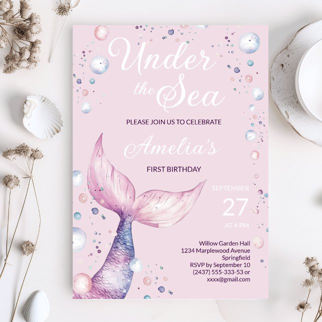 Under the Sea Mermaid First Birthday Invitation (Pink under the sea mermaid tail invitation for baby girl first birthday)