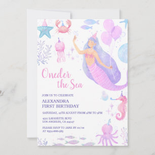 Under the Sea Mermaid Girl 1st Birthday Pastel  Invitation