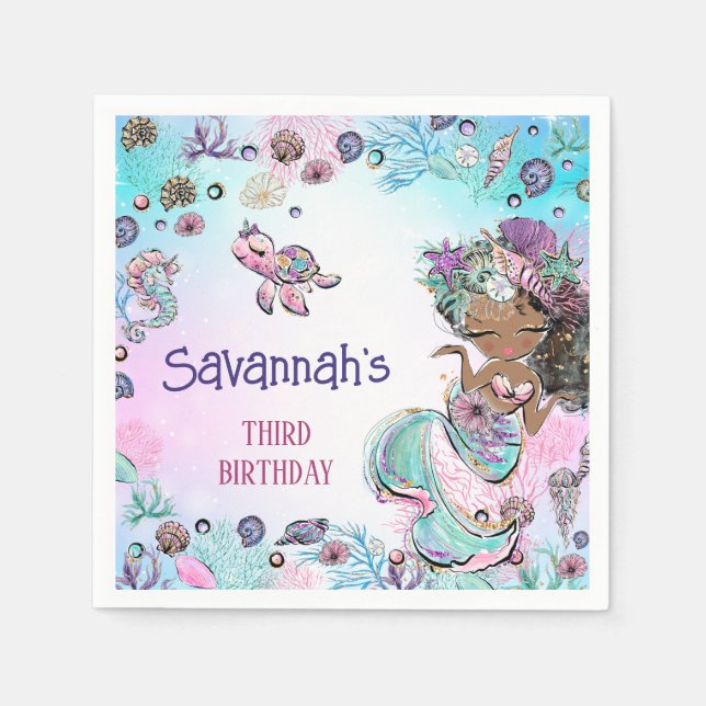 Under the Sea Mermaid Girl First Birthday Napkins (Front)