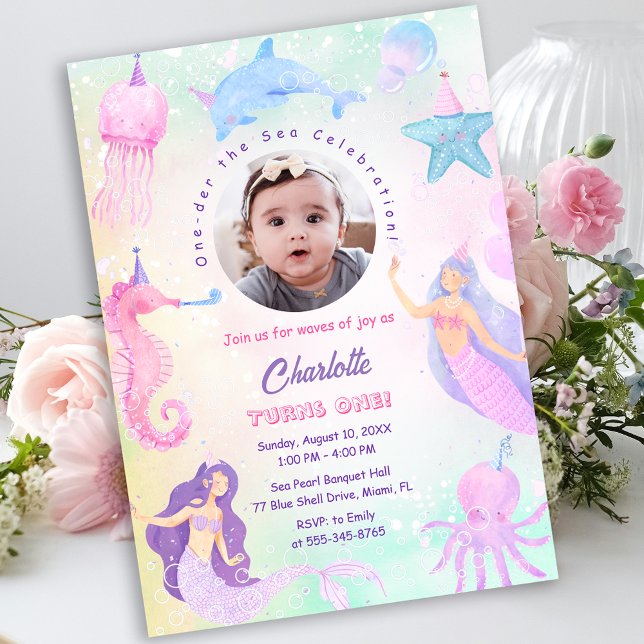 Under the Sea Mermaid } Girl Photo 1st Birthday Invitation (Under the Sea Mermaid Girl 1st Birthday Invitation)
