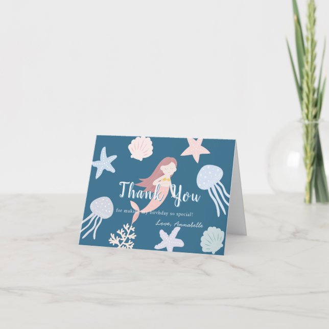 Under the Sea Mermaid Navy Birthday Thank You Card (Front)