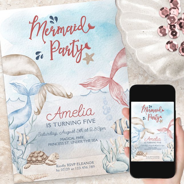 Under the Sea Mermaid Party Watercolor Birthday Invitation (Creator Uploaded)