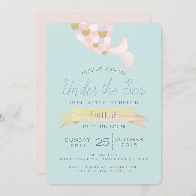 Under the Sea Mermaid Pink Birthday Invitation (Front/Back)