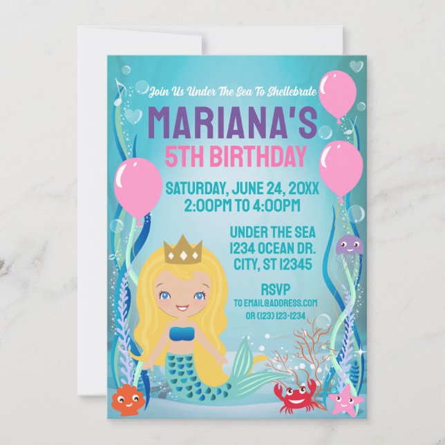 Under The Sea Mermaid Princess (blonde/light) Invitation (Front)