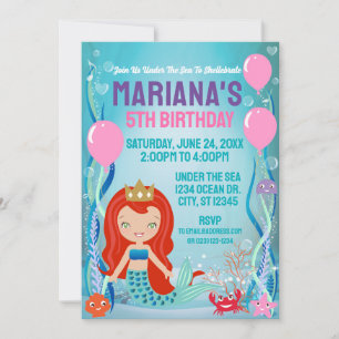 Under The Sea Mermaid Princess (red/light) Invitation