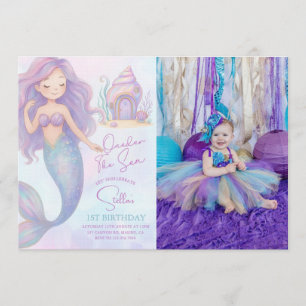 Under the Sea Mermaid Purple 1st Birthday Photo Invitation