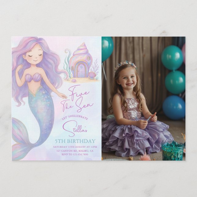 Under the Sea Mermaid Purple 5th Birthday Photo Invitation (Front)
