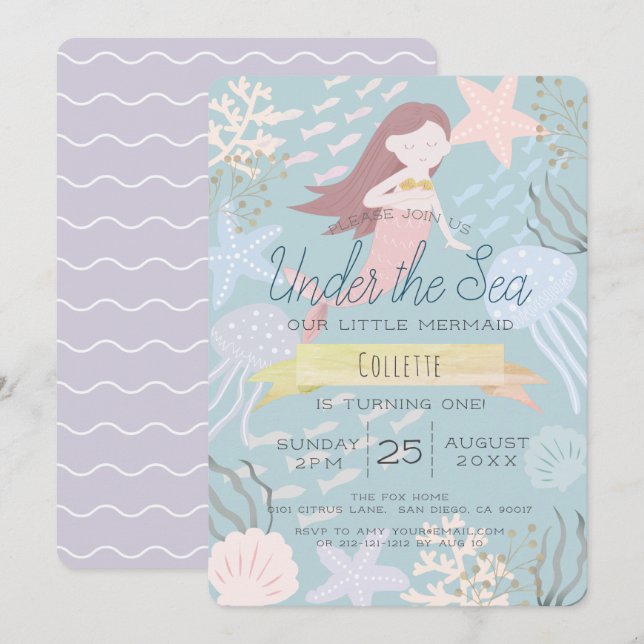 Under the Sea Mermaid Sea Green 1st Birthday Invitation (Front/Back)