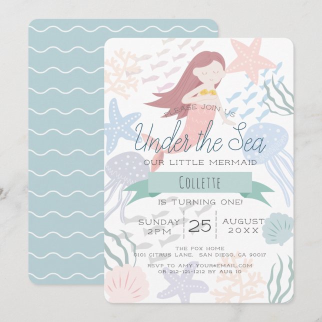 Under the Sea Mermaid Sea Green 1st Birthday Invitation (Front/Back)