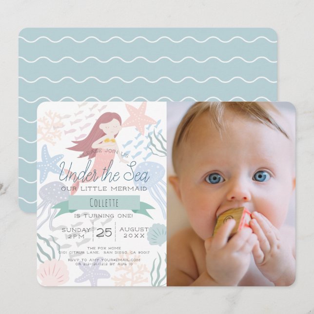 Under the Sea Mermaid Sea Green Photo 1st Birthday Invitation (Front/Back)