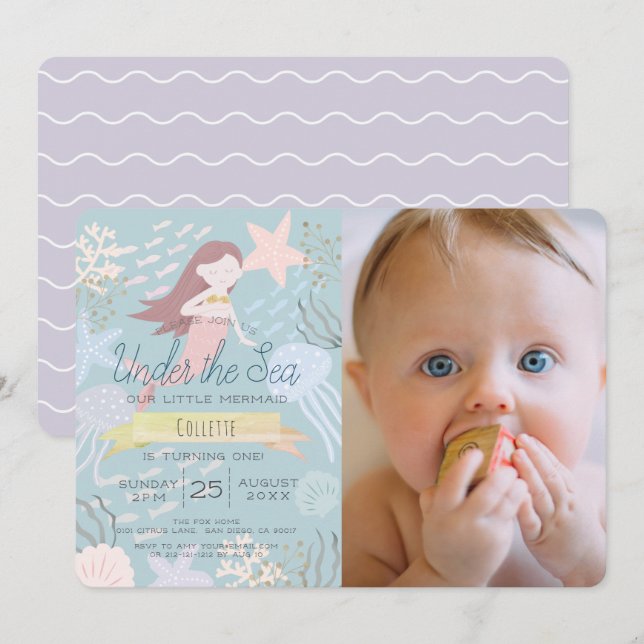 Under the Sea Mermaid Sea Green Photo 1st Birthday Invitation (Front/Back)