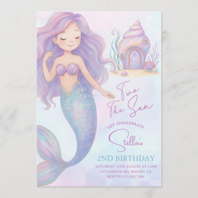 Under the Sea Mermaid Sea Purple Girl 2nd Birthday Invitation (Front)