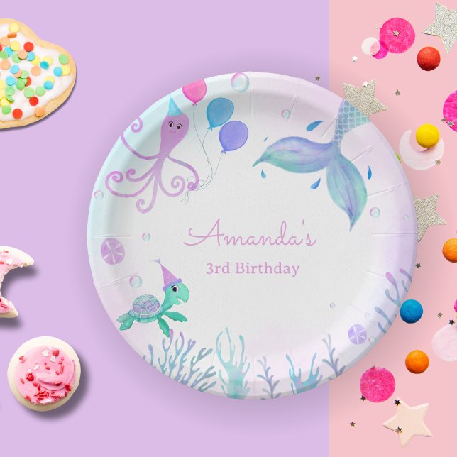Under The Sea Mermaid & Sea Turtle Birthday Paper Plate (Enjoy your birthday cake with this adorable Mermaid, Sea Turtle party plate! )