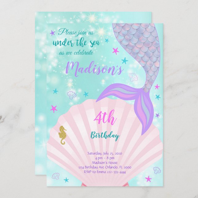 Under The Sea Mermaid Tail Birthday Invitation (Front/Back)