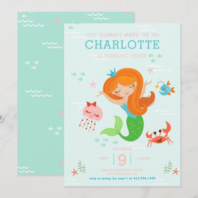 Under the Sea Mermaid with Red Hair Kids Birthday Invitation (Front/Back)
