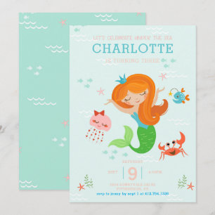 Under the Sea Mermaid with Red Hair Kids Birthday Invitation