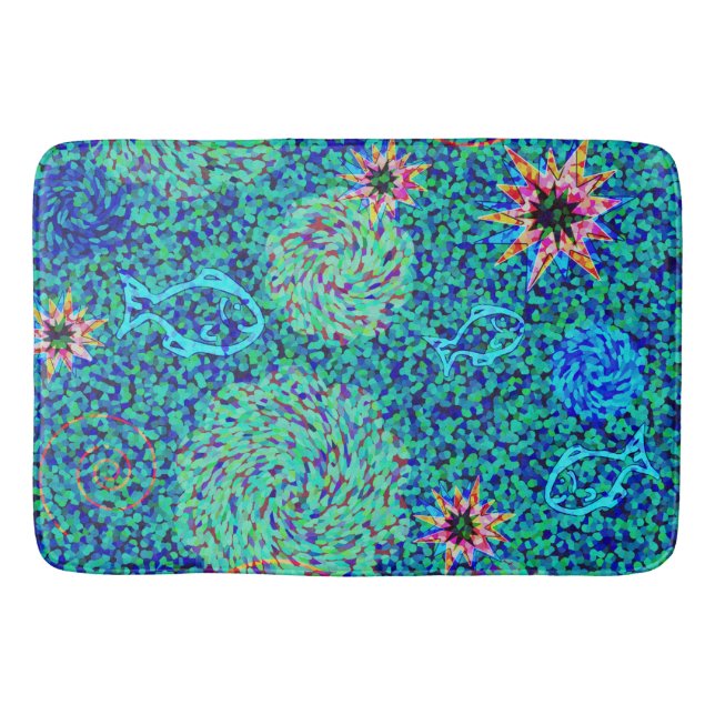 Under the Sea Mosaic Fish Stars Bath Mat (Front)