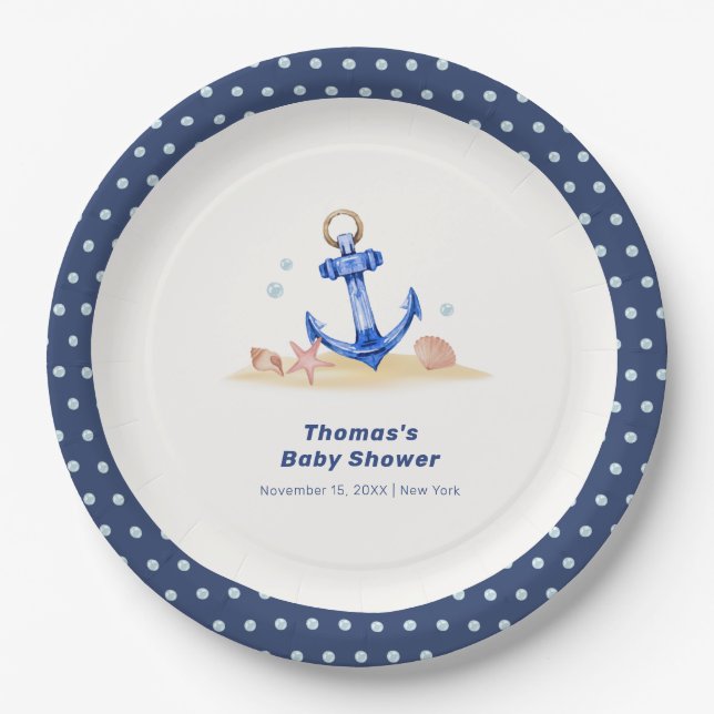 Under The Sea Nautical Anchor Boy Baby Shower  Paper Plate (Front)