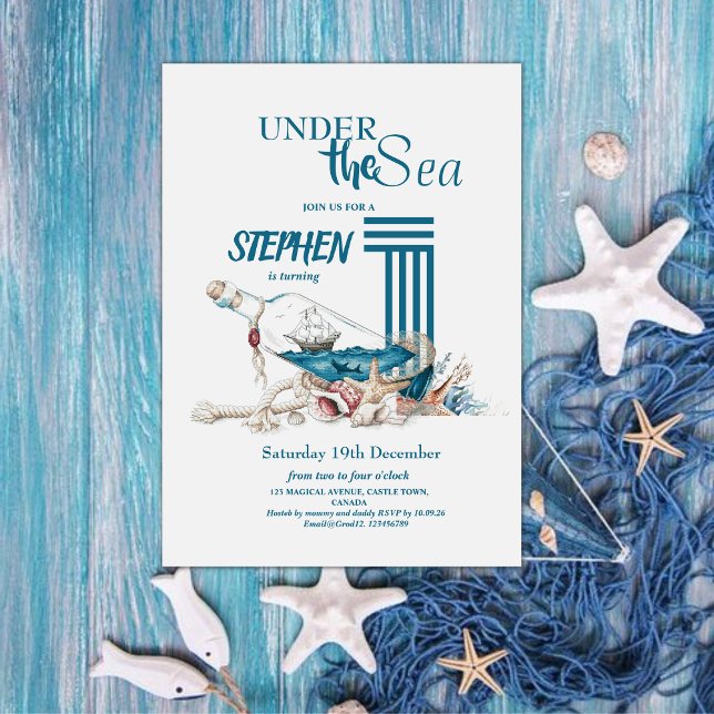 Under the Sea Navy Blue Kids 1th Birthday Party Invitation (Creator Uploaded)