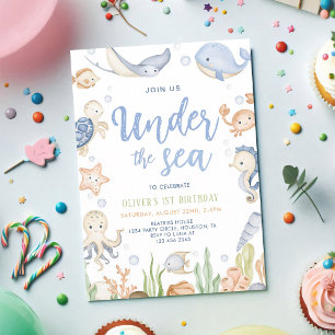 Under the Sea Ocean Animals 1st Birthday Invitation