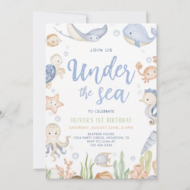 Under the Sea Ocean Animals 1st Birthday Invitation (Front)
