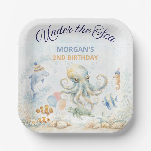 Under the Sea Ocean Animals Octopus Birthday Paper Plate (Front)