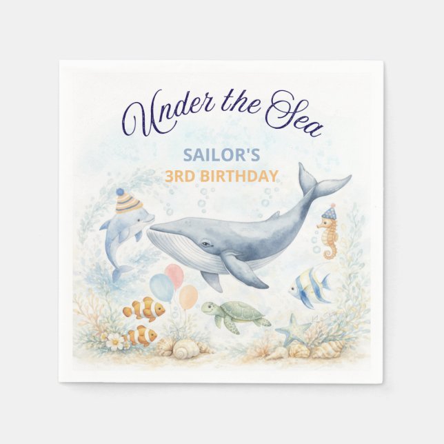 Under the Sea Ocean Animals Whale Birthday Napkin (Front)