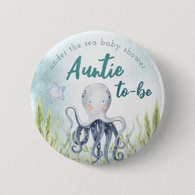 Under The Sea Ocean Baby Shower Auntie Button (Front)