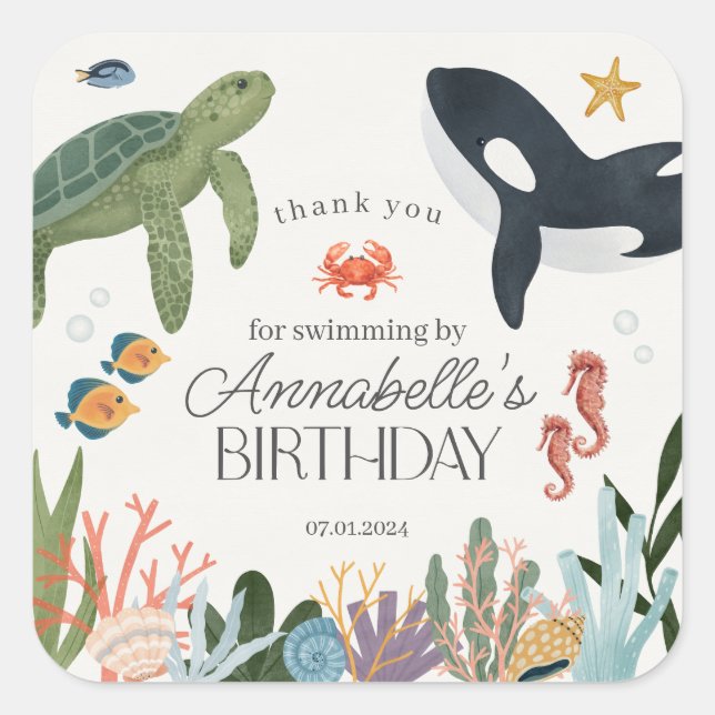 Under the Sea Ocean Birthday Party Favours Square Sticker (Front)