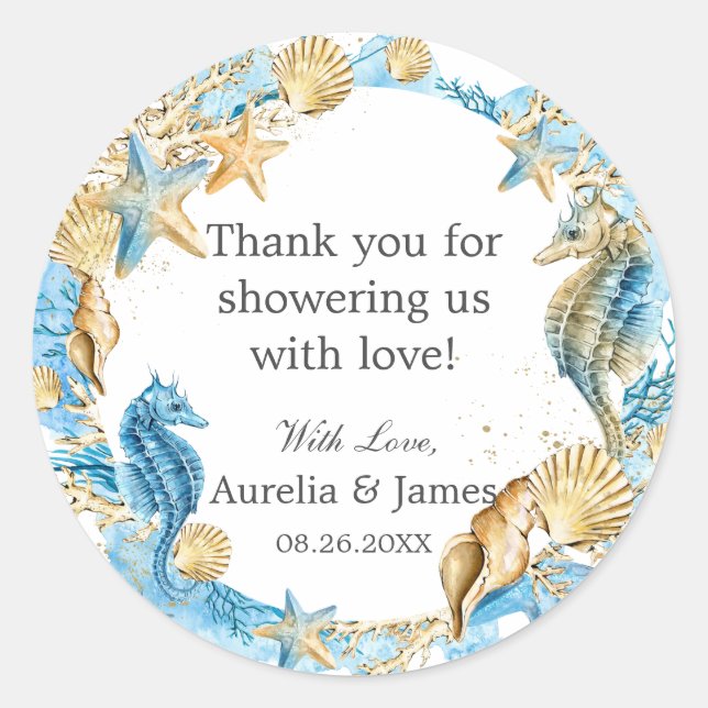 Under the Sea Ocean Blue Gold Thank You Favour Classic Round Sticker (Front)