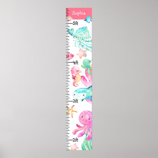 Under the Sea Ocean Cute Pink Teal Growth Chart (Front)