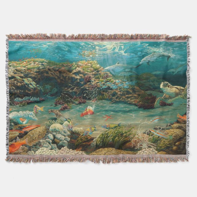 Under the sea/ocean dolphins, sea turtle, fish throw blanket (Front)