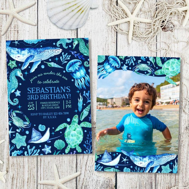 Under The Sea Ocean Sea Animal Dark Blue Photo Invitation (Under The Sea Ocean Sea Animal Dark Blue Photo Invitation)