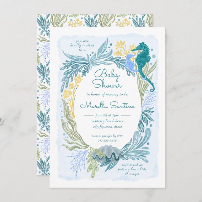 Under the Sea Ocean Waves Seahorse Baby Boy Invitation (Front/Back)